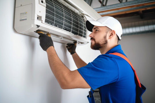 HVAC technician installing a mini split air conditioner in Springville