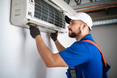 360_F_621046421_Vcay4nYa8ozdeodOQVDfES6MRrC6N3b8 Air conditioning technician servicing a wall-mounted AC unit in Springville, UT