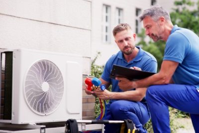ac-installation-in-claremont-ca HVAC technicians reviewing an outdoor air conditioning unit in Springville, UT